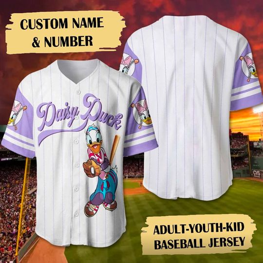 Discover Custom Daisy Duck Baseball Jersey, Comfortable Short Sleeve Sports Baseball Jersey for Men, Women, Kids - Trending Street Fashion