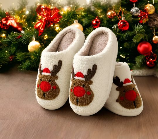 Reindeer Slippers | Christmas Elves Slides with Cozy Fur | Christmas House Slippers | Slippers for women