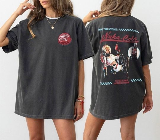 Falllout Graphic T-Shirt, Retro Nuka Cola Bottle Cap with Vintage Ad on Back, Video Game Shirt, Fall Out Vault Tec Memorabilia Merch Tee