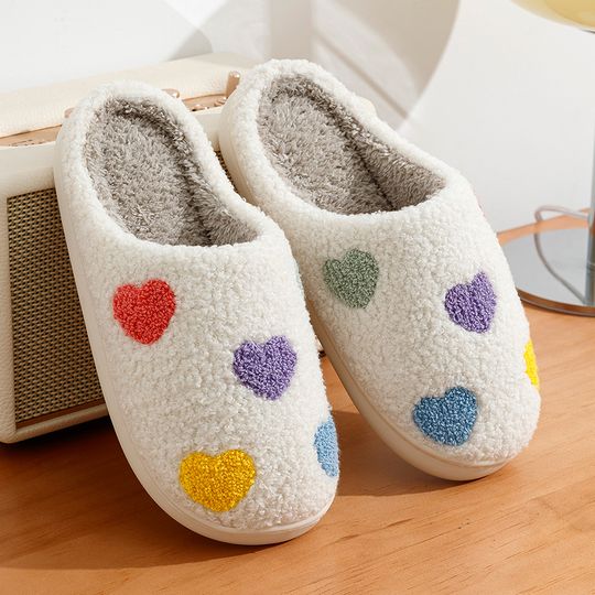 Cute Color Heart Women Slippers, Valentine's Day Embroidery, Fuzzy Romantic Love Comfy Flat Girl Friend Gift Winter Home Shoes