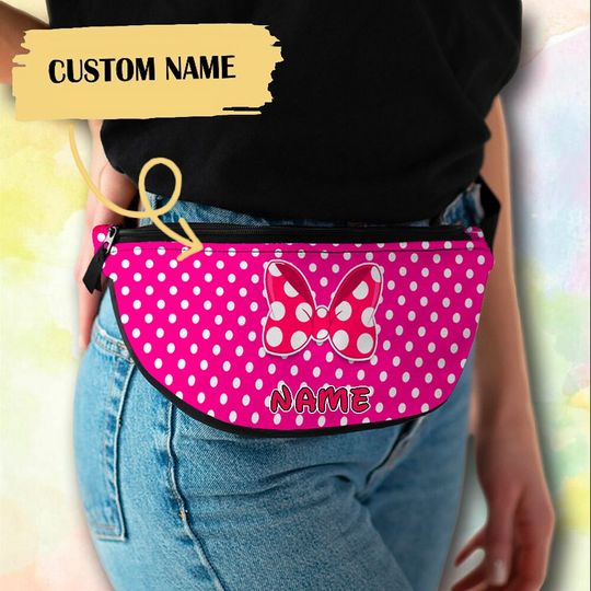 Personalize Female Mouse Fanny Pack, Custom Name Fanny Bag, Pink Bow Tie Mouse Waist Bag, Cartoon Character Crossbag, Custom Summer Vibe Bag