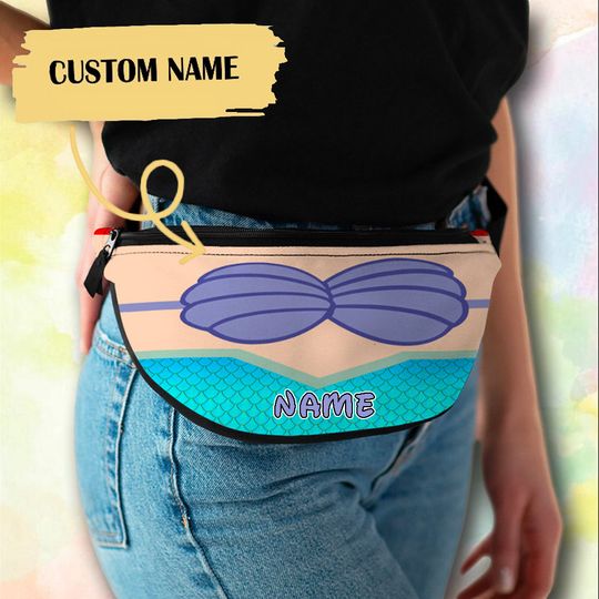 Personalize Mermaid Outfit Fanny Pack, Custom Name Fanny Bag, Mermaid Princess Waist Bag, Cartoon Character Princess Summer Trip Crossbag