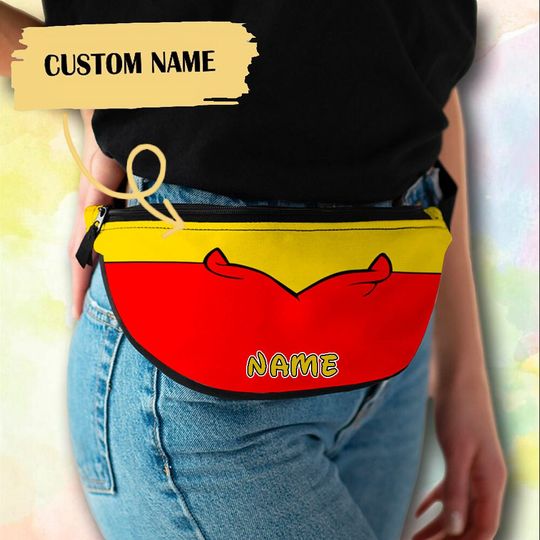 Personalize Teddy Bear Outfit Fanny Pack, Custom Name Fanny Bag, Yellow Bear Waist Bag, Cartoon Yellow Bear Crossbag, Summer Vacation Bag