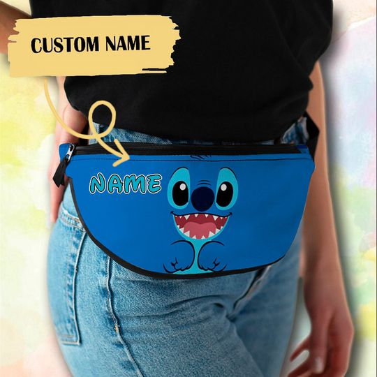 Personalize Cute Blue Dog Fanny Pack, Custom Name Fanny Bag, Blue Dog Waist Bag, Cartoon Character Crossbag, Trendy Summer Vacation Bag