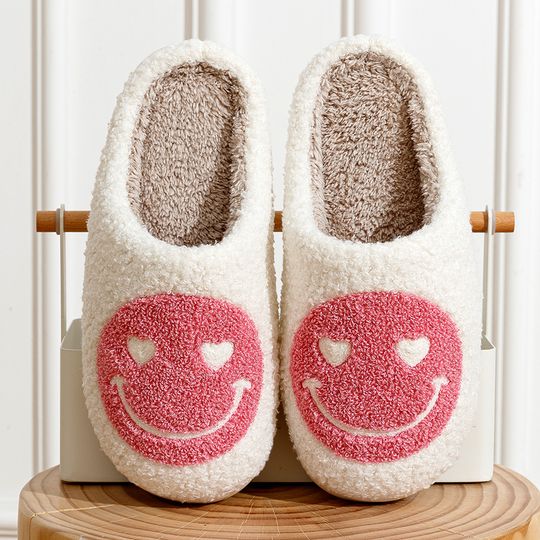Women Home Winter Slippers Smile Face Heart Eye Style, Fluffy House Cute Print Gift Fleece Flat Ladies Indoor HouseShoes