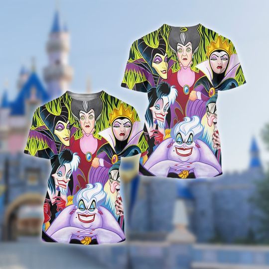 Cartoon Villain Character 3D Adult Kid T-shirt, Ursula Evil Queen Cruella Lady Tremaine All Over Print Shirt, Summer Holiday Group Shirt