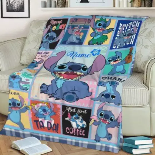 Personalized Lilo Stitch Fleece Sherpa Throw Blanket, Custom Name Disney Blanket