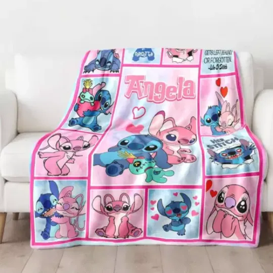 Personalized Lilo Stitch Fleece Sherpa Throw Blanket, Custom Name Disney Blanket