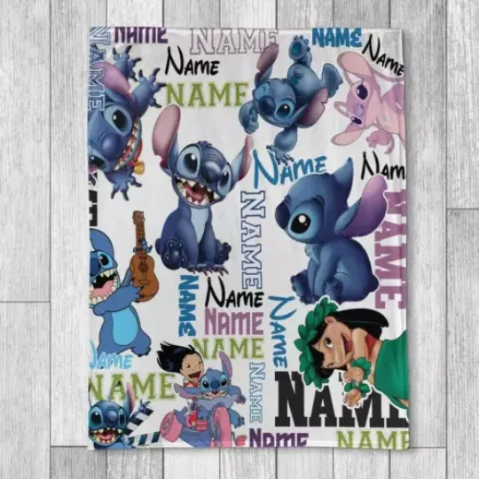 Personalized Lilo Stitch Fleece Sherpa Throw Blanket, Custom Name Disney Blanket