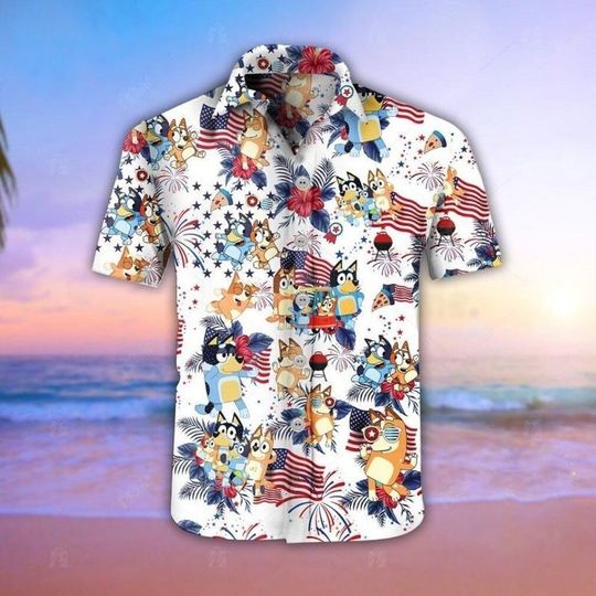 BlueyDad Hawaiian Shirt BlueyDad 4Th Of July, BlueyDad Summer Family Hawaiian Shirt, Cartoon Shirt, Cool Dad Club Shirt, Gift BlueyDad Hawaiian Shirt