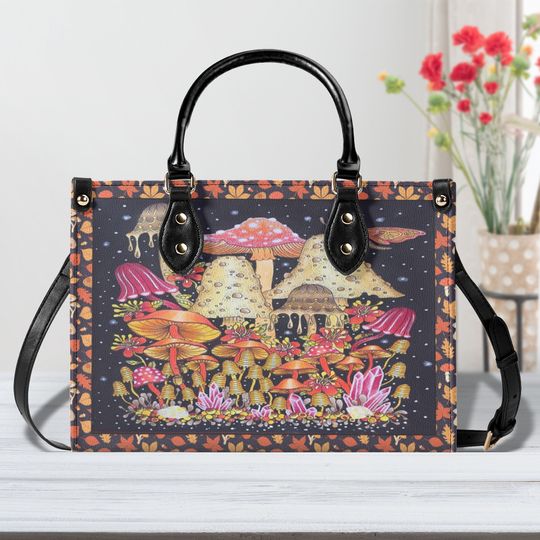 Mushroom Women Leather Handbag, Travel handbag, Gift for fan, Handmade Bag,  Vintage Bags, Woman Shoulder Bag, Top Handbag