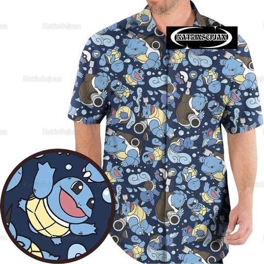 Blastoise Wartortle Squirtle PKM Pattern Hawaiian Shirt, Cartoon Hawaii Shirt, Hawaiian Shirt Men, Hawaii Shirt, Summer Shirt