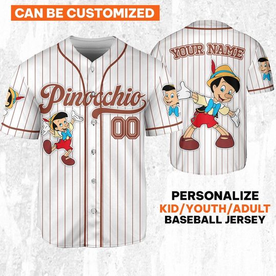 Custom Disney Pinocchio Simple Stripe Jersey, Gift for Kids, Disney Birthday Gift, Gift For Baseball Fans