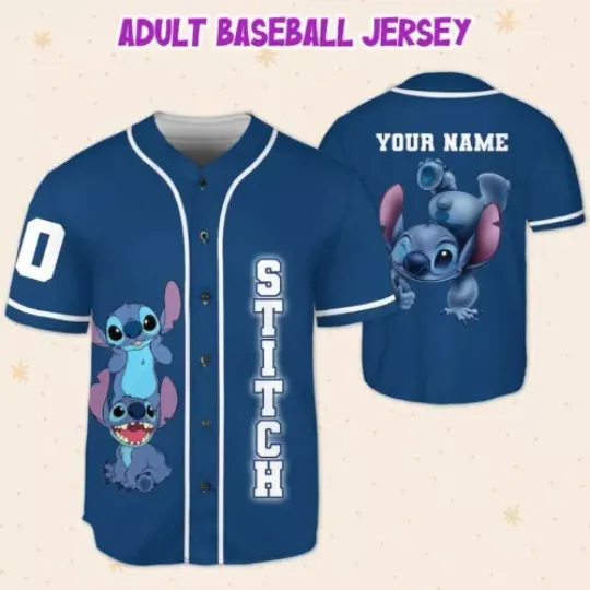 Personalized Stitch Blue Funny Stitch & Lilo Animated 3D Baseball Jersey Shirt, Halloween Gift, Christmas Gift