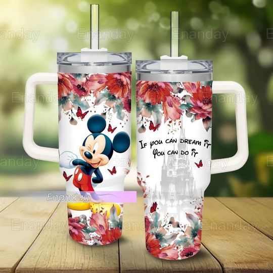 Mickey Mouse 40oz Tumbler, Mickey Flower Pattern Tumbler, Stainless Steel Tumbler, Disney Mickey Tumbler, Mickey Drinkware Tumbler