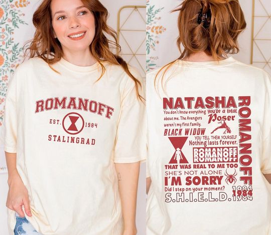 2-Sides Black Widow Sweatshirt, Natasha Romanoff Shirt, Romanoff Est 1984, Romanoff Quotes, Superhero Avengers Shirt, Birthday Gifts