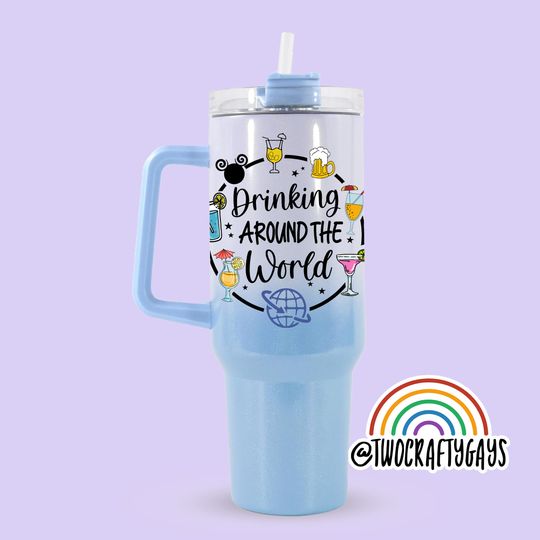 Drinking Around the World Personalized 40 oz Quencher Tumbler Cup Dupe with Handle (Epcot, Disney World, Family Vacation, Custom Name Plate)