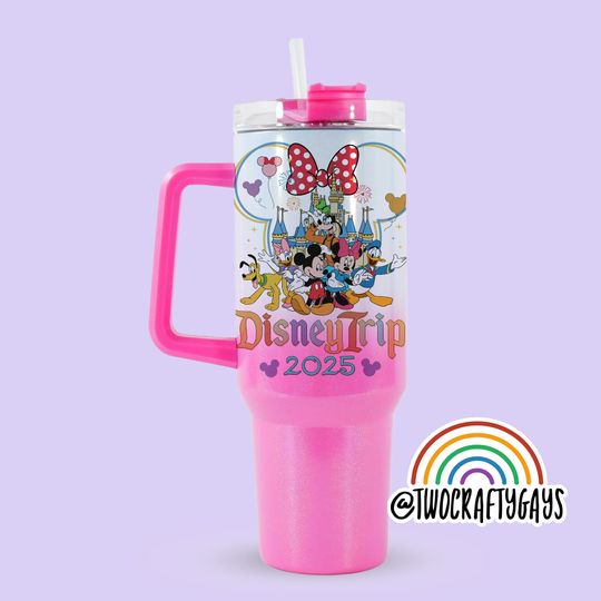 Disney Trip 2025 Personalized 40 oz Quencher Tumbler Cup Dupe with Handle (Disney World, Family Vacation, Custom Name Plate)