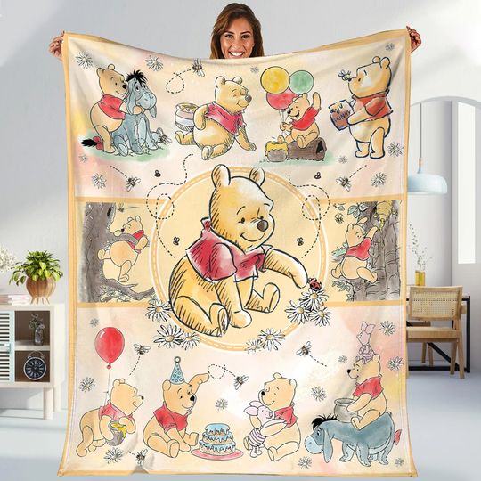 Watercolor Winnie the Pooh Blanket | Pooh Bear and Friends Blanket | Pooh Bear Magic Kingdom Blanket for Bed Couch Sofa