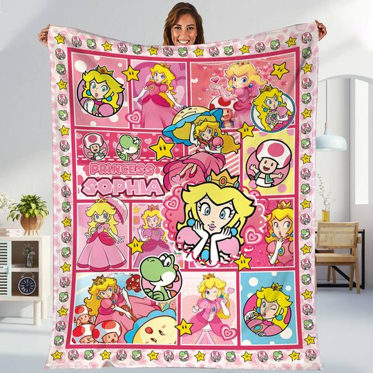Super Mario Bros Princess Peach Fleece Blanket | Super Mario Blanket | Mario Luigi Video Game Throw Blanket for Bed Couch Sofa