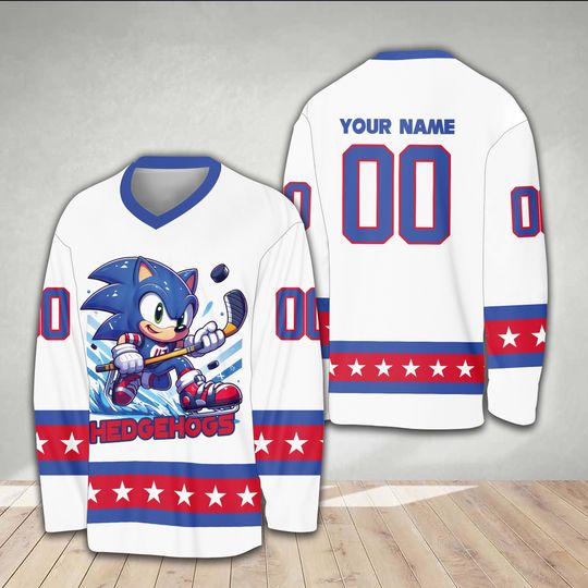 Custom Sonic Ice Hockey Jersey, Sonic the Hedgehogg Hockey Jersey, Personalized Sonic Shirt Cartoon Sonic Matching Party Outfit For Sonic Love