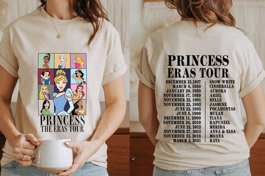 Princess Eras Tour Shirt | Retro Princess Characters Concert Music Shirt | Cinde Moana Belle Jasmine Shirt | Family Trip | Disney Short Sleeve Shirt