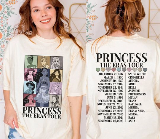 Moana Princess Eras Tour Shirt | Retro Princess Characters Concert Music Shirt | Cinde Moana Belle Jasmine Shirt | Family Trip | Disney Short Sleeve Shirt
