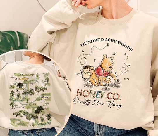Two-sided Winnie the Pooh Honey Co. Hundred Acre Woods map shirt, Vintage pooh bear honey shirt, Disneyworld Disneyland trip shirts