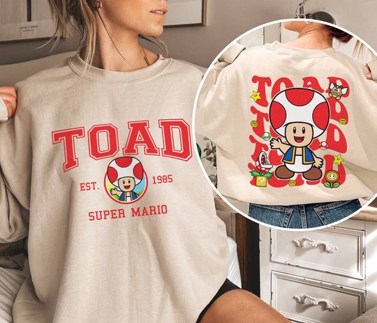 2-Sided Mario Toad Sweatshirt| Super Mario Luigi Princess Peach Bowser Shirt | Mario Bros Shirt Mario Video Game Shirt