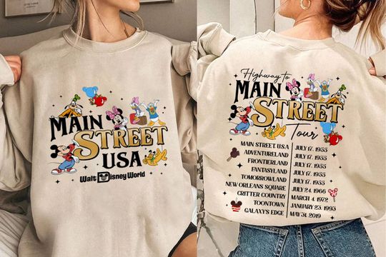 Mickey and Friends Walt DisneyWorld Highway To Main Street USA Tour Sweatshirt, Disneyland Family Vacation 2024, Family Trip Group Tee