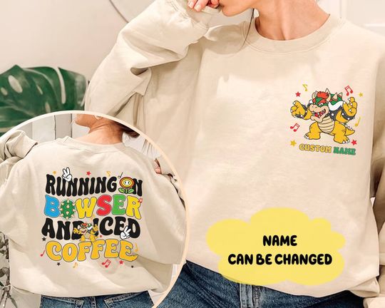 Running on Bowser and Iced Coffee Sweatshirt| Bowser Coffee Lovers Shirt | Super Mario Bowser Family Vacation 2024 Shirt, Family Trip Group Tee