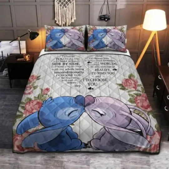 Stitch Angel Valentine I Choose You To Do Life With Hand In Hand Bedding Set, Disney Bedding Set, Fan Gift, Funny Gift Ideas, Cartoon Fan Gift