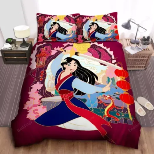 Disney Princess Mulan Mushu And Cri-kee Illustration Quilt Duvet Cover Set Bedding Set