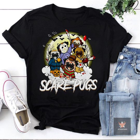 Scare Pugs Dog Horror Characters Halloween Vintage cotton tee, Graphic Tshirt for men, women, Unisex, Trending Gifts