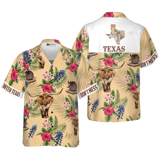 Brown Tribal Pattern Texas Armadillo And Longhorn Hawaiian Shirt Proud Texas Flag Independence Day Hawaiian Shirt