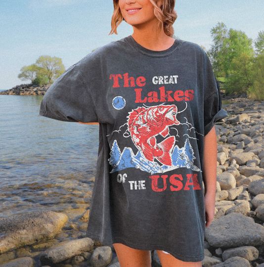 Great Lakes USA Tee UNISEX Comfort Colors Tshirt, Vintage Inspired Lake Life Trendy Fishing Shirt, Oversize T Retro Fathers Day Boating Family Vacay