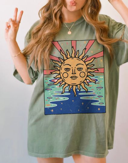 Boho Sun Shirt Comfort Colors Tshirt, Retro Hippie Clothes Summer Graphic Cotton Tshirt,  Festival Clothing Oversize Tee Dress Beach B Family Vacation