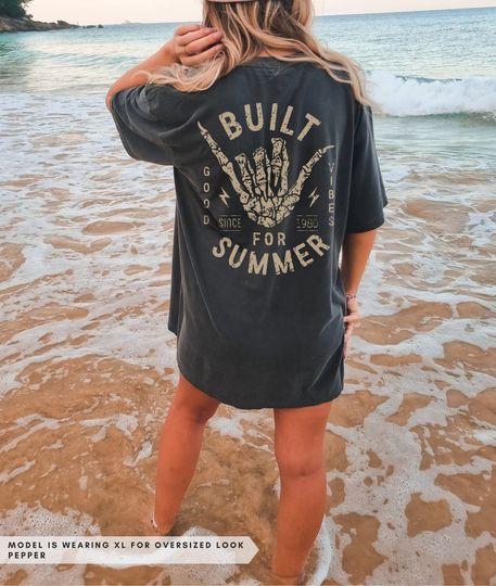 Distressed Built for Summer Shirt, Comfort Colors Oversized Beach Tshirt, Skeleton Hang Loose Boho Hippie Clothes Ocean Aesthetic Coconut Girl
