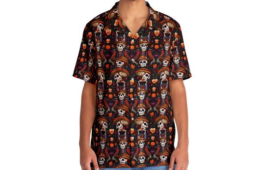 Day of the Dead Skeleton Dance Luxurious Detailed Hawaiian Shirt, Button Down Short Sleeve Hawaiian for Men, Women, Kids, Trending Casual Fashion