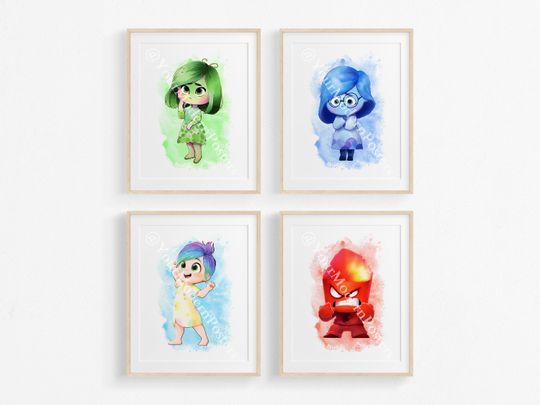 Inside Out Characters Gallery Wall - Nursery Room Wall Art Decor - Kids Room Posters - Watercolor Wall Art - Joy, Sadness, Anger, Disgust