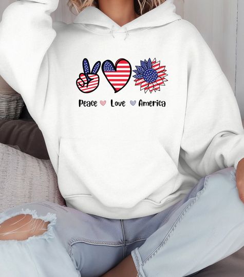 4 th July Hoodie, Independence Day Hoodie, Peace Love Hoodie, 4th July USA, Trendy USA Hoodie, Peace Love America Hoodie, Heart Love Hoodie