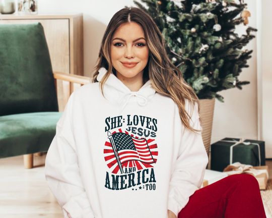 She Loves Jesus And America Too Hoodie, 4th of July Hoodie, Independence Day, Usa Flag Hoodie, Retro Usa Hoodie, Christian Mom Gift