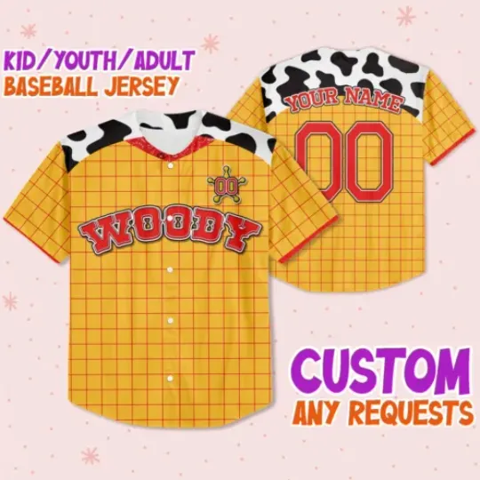 Custom Toy Story Woody Red Caro Baseball Jersey, Matching Baseball Team Outfit, Shirt For Men Women Adult, Trending Street Fashion