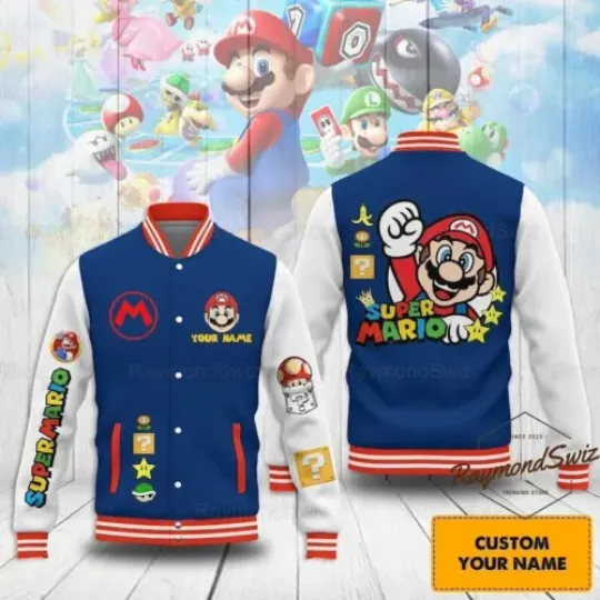 S.u.p.e.r M.a.r.i.o Baseball Jacket, Custom Super Mario Unisex Jacket, Disney Baseball Jacket, Disney Cartoon Shirt