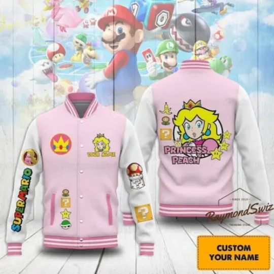 Personalized Princess Peach Baseball Jacket, Custom S.u.p.e.r M.a.r.i.o Unisex Jacket, Disney Baseball Jacket, Disney Cartoon Shirt