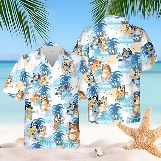 BlueyDad Summer Family Hawaiian Shirt, BlueyDad and Bingo Beach Hawaiian Shirt, Bandit Heeler Chilli Heeler Hawaii Shirt, Gift for Mothers day