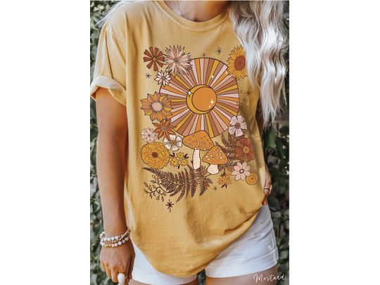 Discover Bohemian Comfort Colors Retro Sun Moon Shirt, Boho Floral Shirt, Hippie Shirt, Botanical Celestial Tee Shirt, Sun and Moon Tshirt