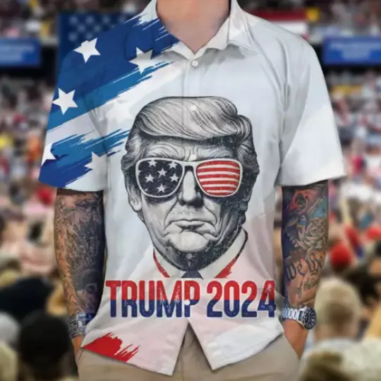 Trump 2024 Take America Back Patriotic Independence Day Hawaiian Shirt, Trump 2024 Hawaiian Shirt, Donald Trump Face Shirt