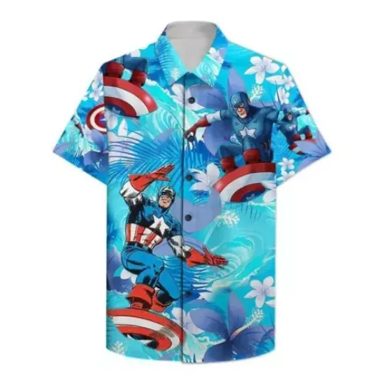 Captain America Surfing Superhero Fan Gift Summer Vibes Hawaiian Shirt, Disney Hawaiian Shirt, Disney Cartoon Hawaiian Shirt