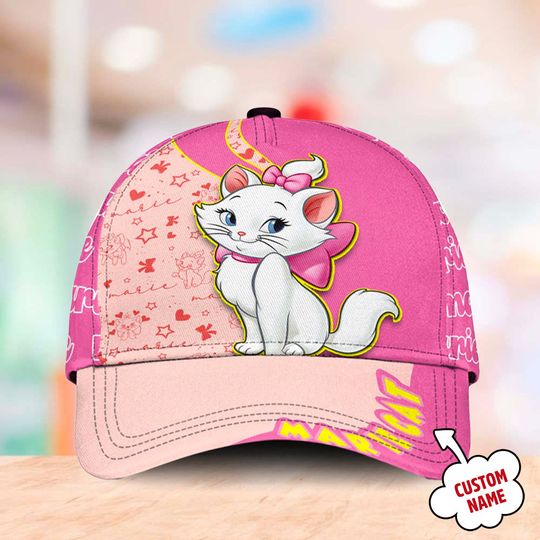 Aristocrat The Cat Classic Cap, White Cat With Pink Bow Animated Movie Character Baseball Cap, Summer Cartoon Hat